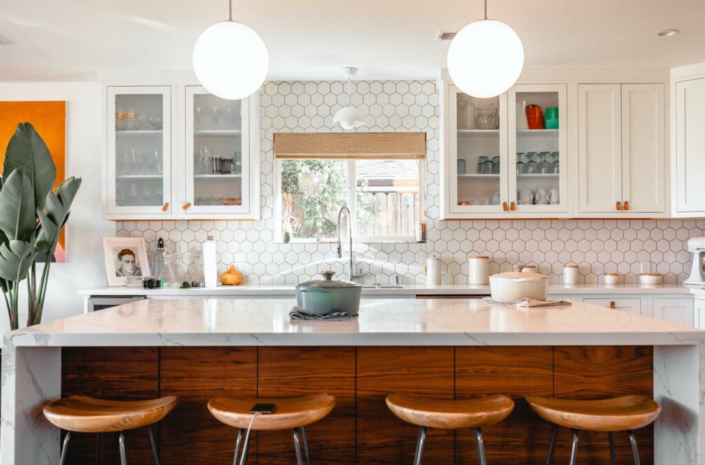 kitchen design with wooden stools and accents