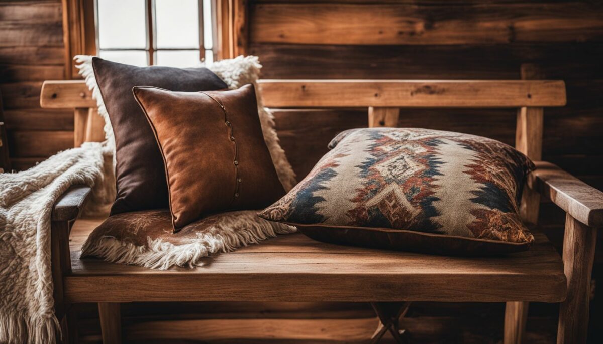 A cozy western-themed living room with various pillows on a bench.