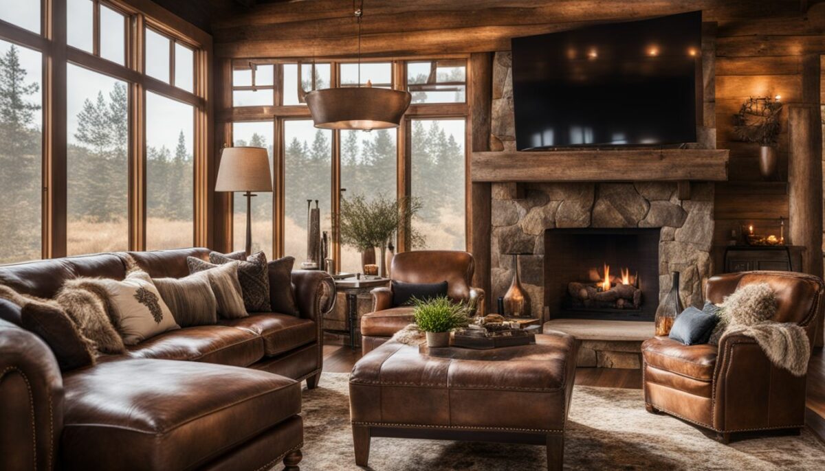 A rustic western living room with a fireplace and decorative pillows.