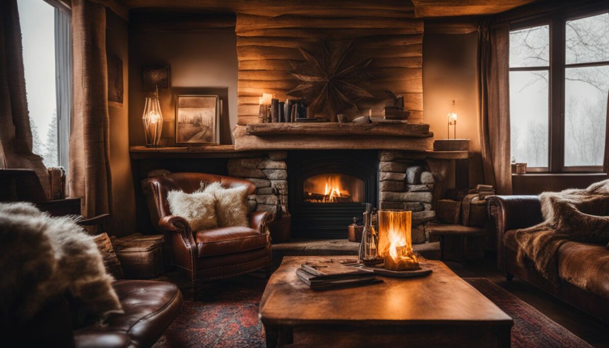 Cozy living room with a fireplace, featuring a western blanket draped over a worn leather armchair.