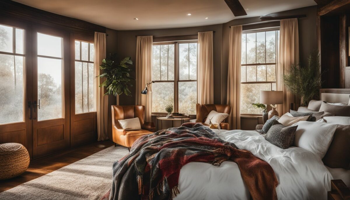 A cozy bedroom scene with a Western blanket draped over a bed.