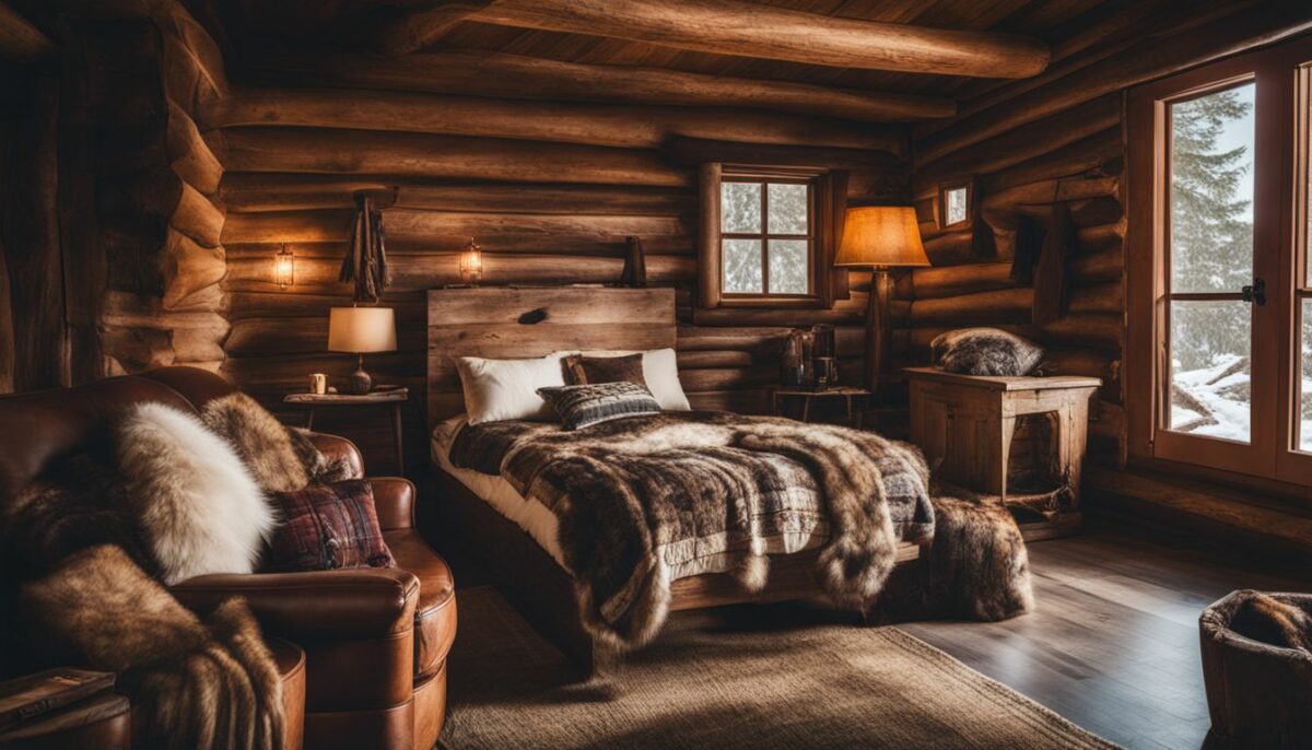 Rustic cabin interior featuring wooden furniture, fur blankets, and western motifs.
